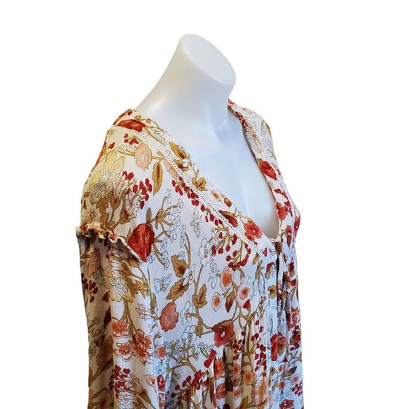 Rachel Zoe Med Floral Peasant Hippie V-Neck Blouse White Orange Ruffel Sleeve - Picture 3 of 10